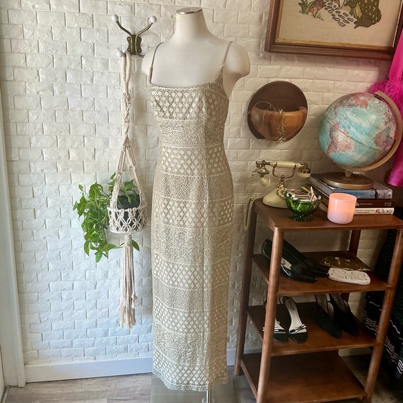 Vintage 90s Y2K Michelangelo Rhinestone Spaghetti Strap Gold Crochet Sequin Gown - Picture 2 of 14